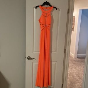 LIKE NEW PROM Dress- Size 0 Le Femme Bright Coral- open back